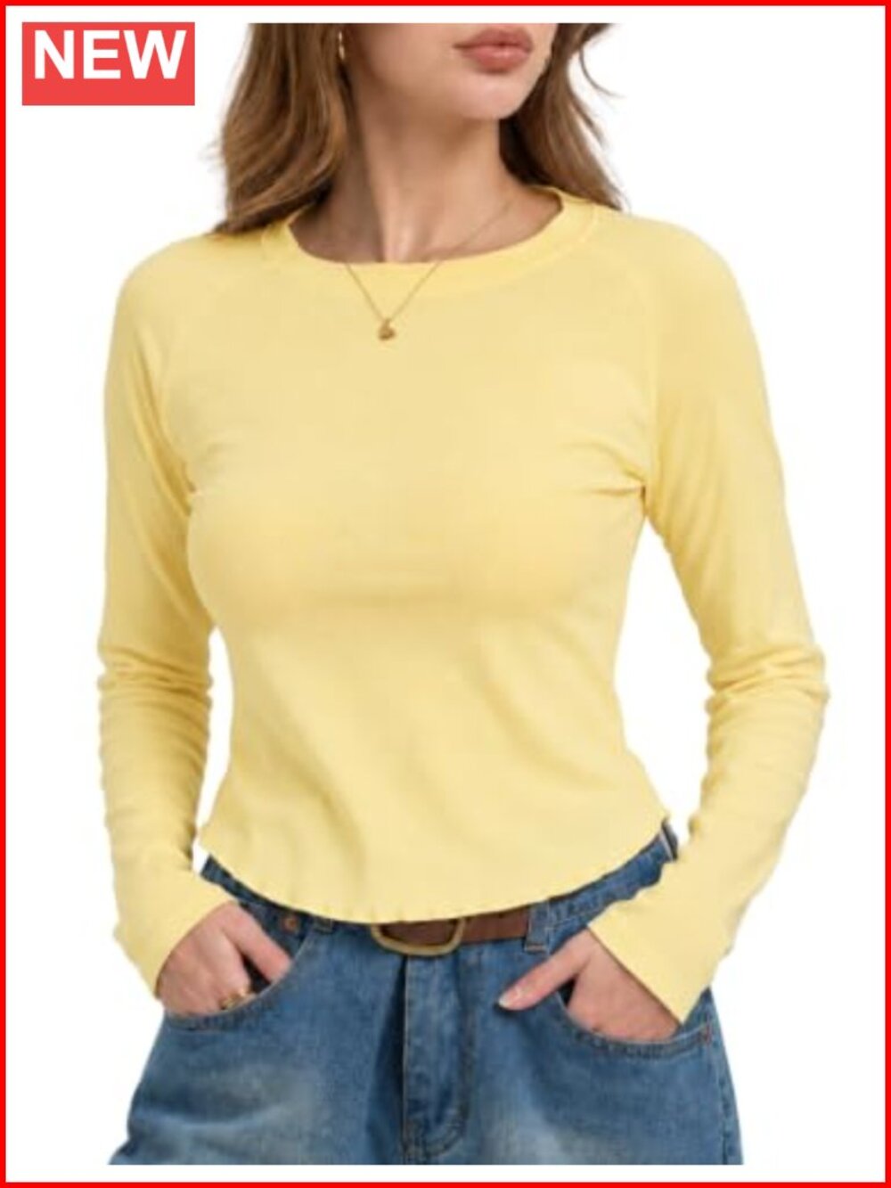 Fitted Long Sleeve Crew Neck Cotton Blend Baby Tee with Lettuce Hem
